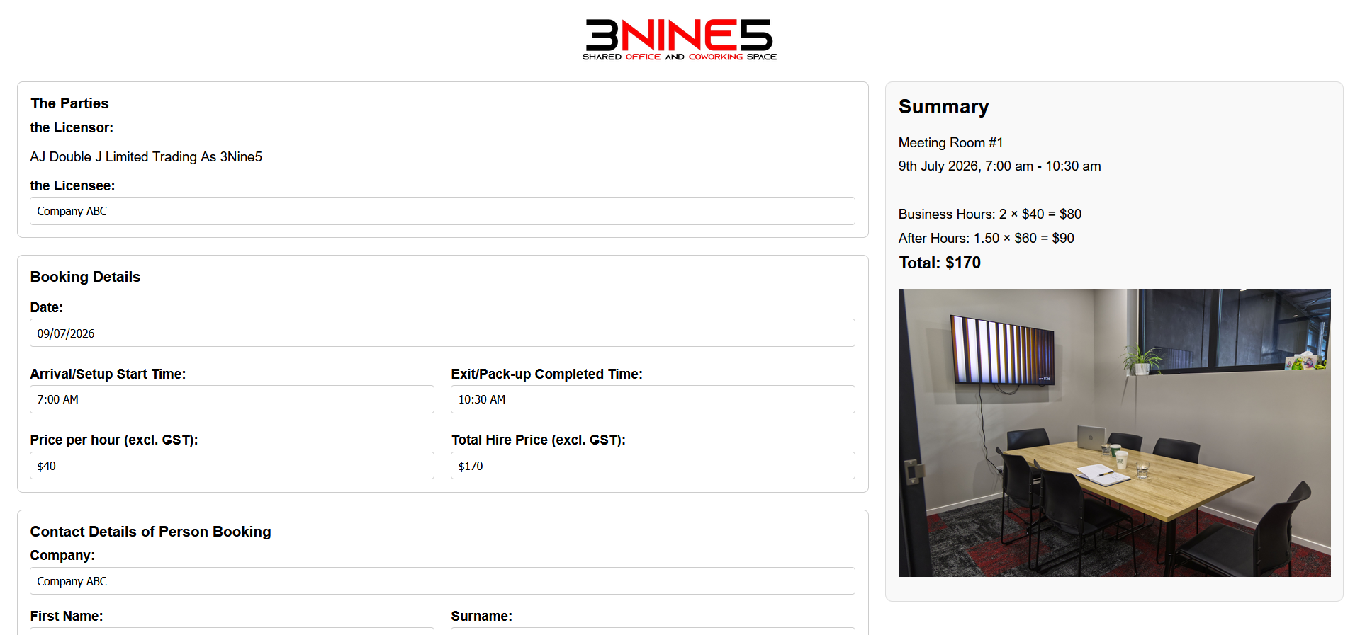 3Nine5 Room Booking System screenshot