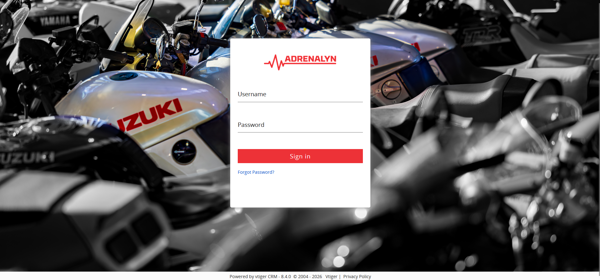 Adrenalyn CRM login screen screenshot