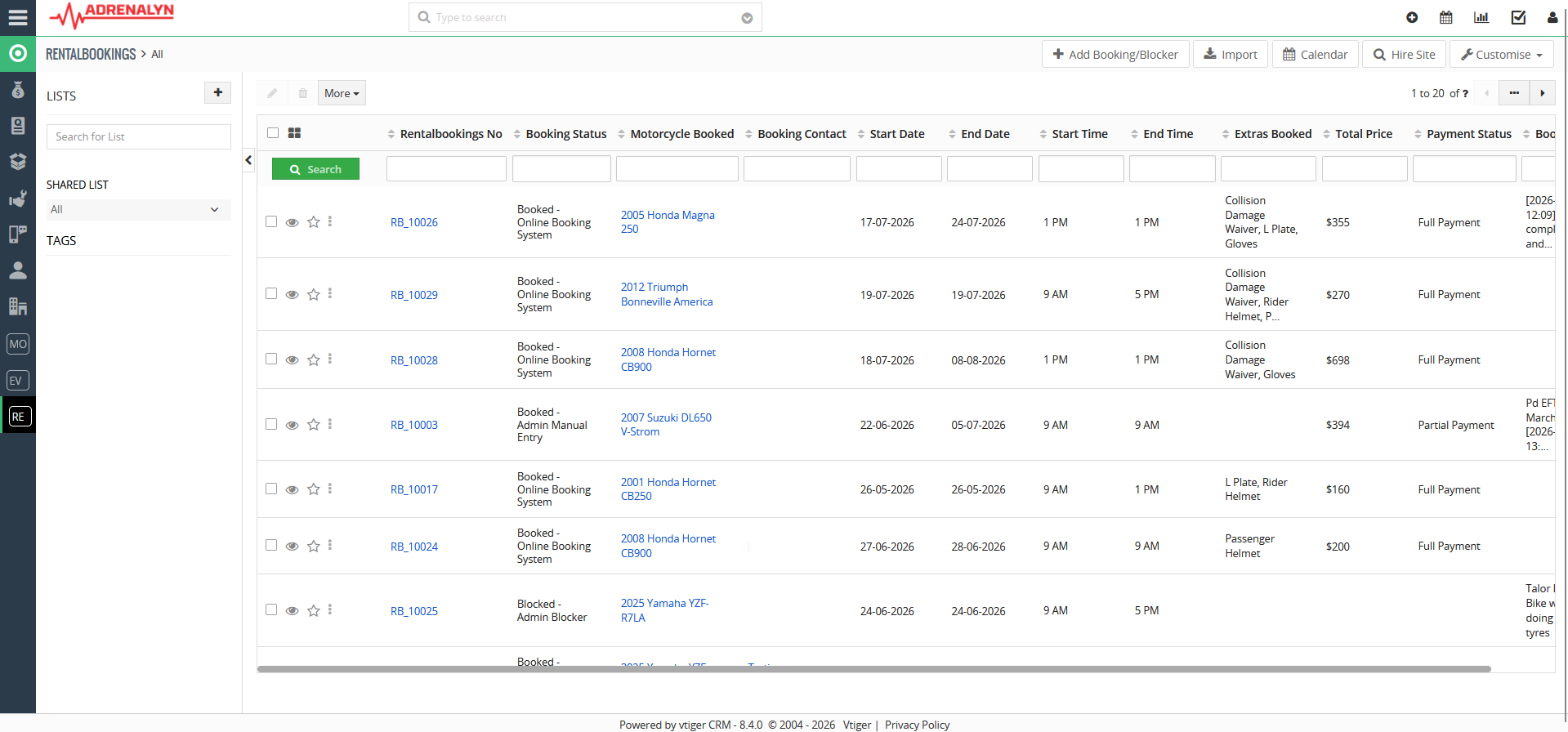 Rental Bookings module screenshot