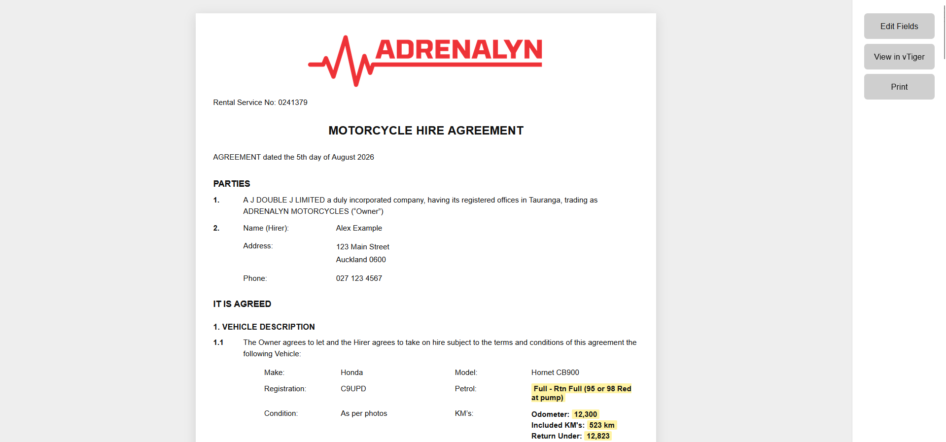 Hire Agreement Generation screenshot