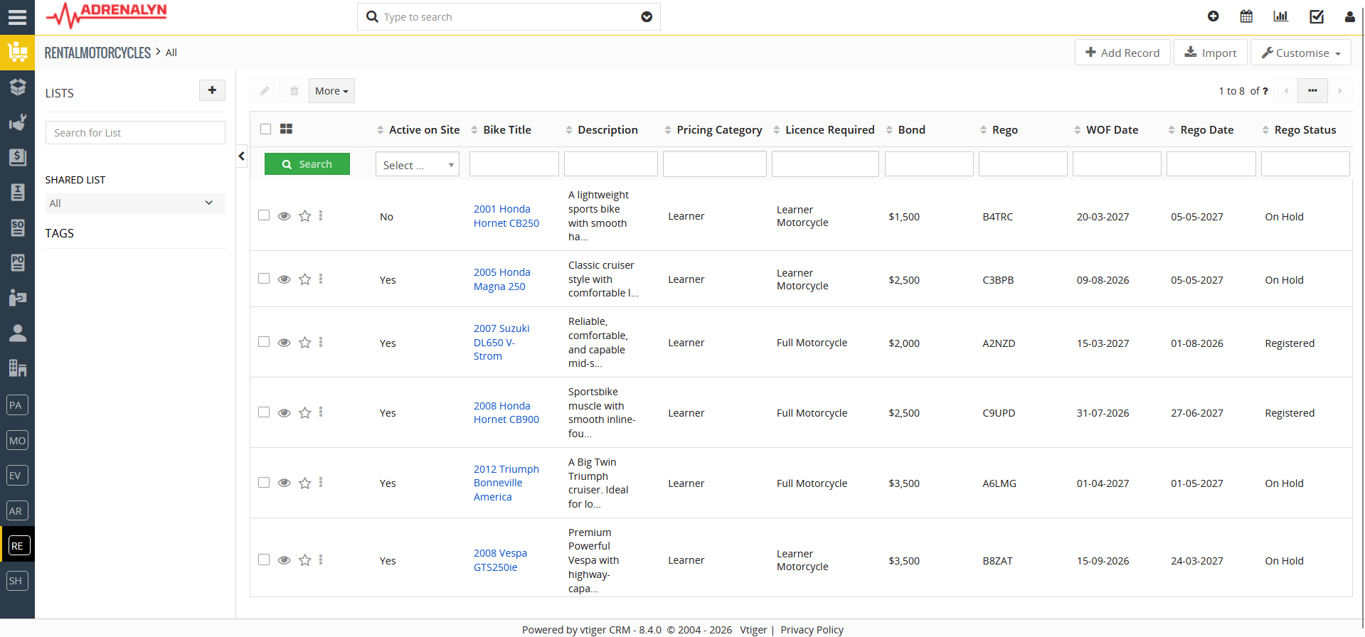 Rental Motorcycles module screenshot