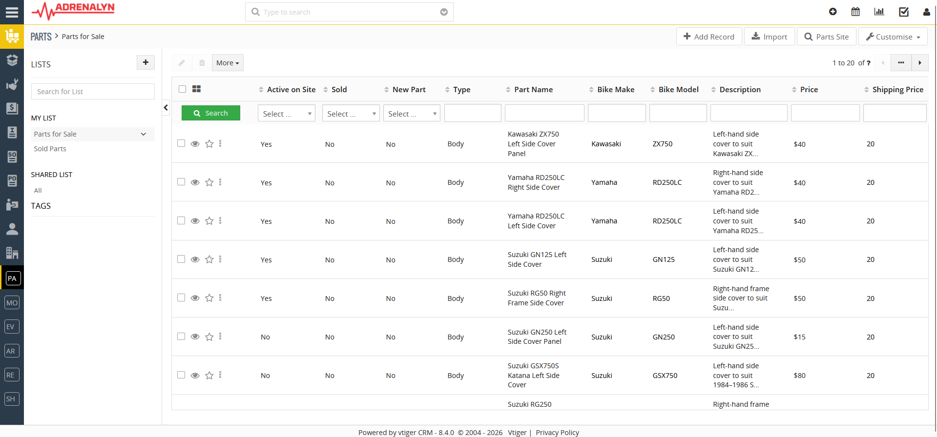 Parts Inventory module screenshot